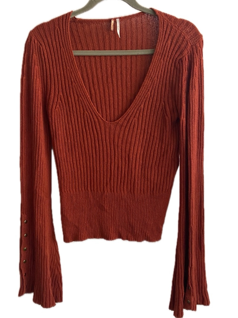 Free People Ribbed V-Neck Sweater in Rust